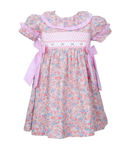 Smocked Floral Dress Pink Accent 2 Bows