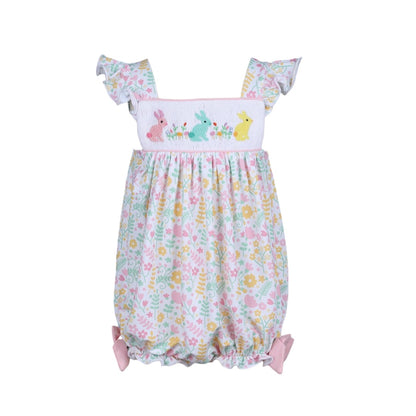 Hand Smocked Easter pattern printed girl ruffle bubble