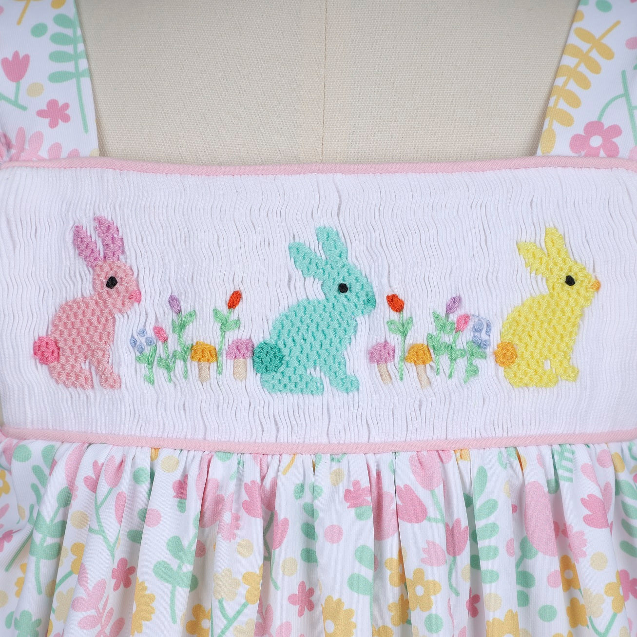 Hand Smocked Easter pattern printed girl ruffle bubble