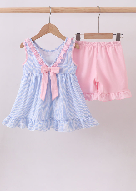 BLUE CRAB EMBROIDERY SEERSUCKER RUFFLE SHORTS SET