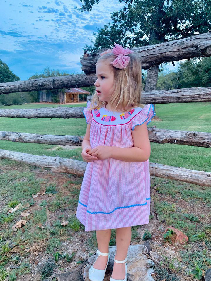 Hand smocked Pink Striped Bow and Crayon Dress