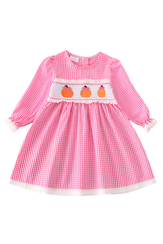 Pink Plaid Pumpkin Smocked Ruffle Dress