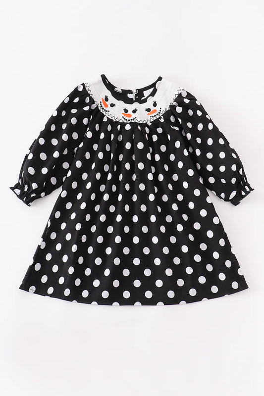 Black white Dot Snowman Smocked Dress