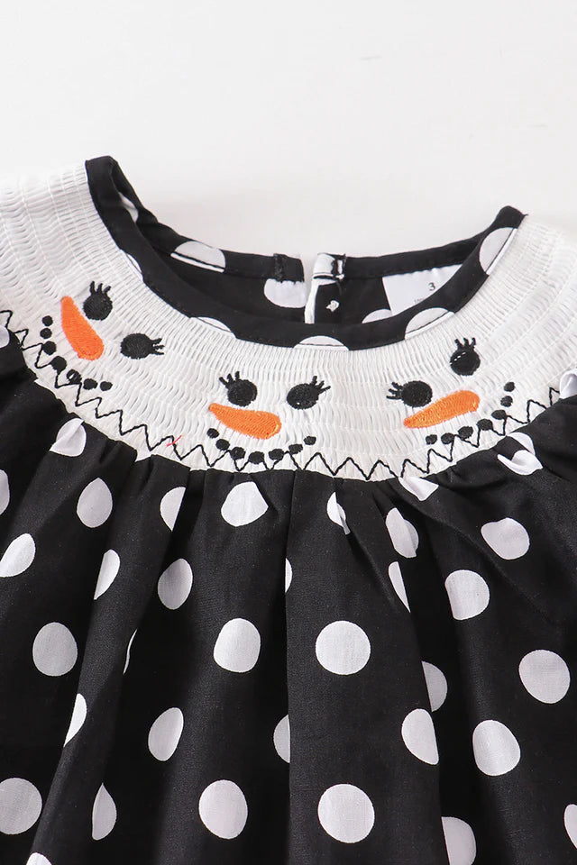 Black white Dot Snowman Smocked Dress