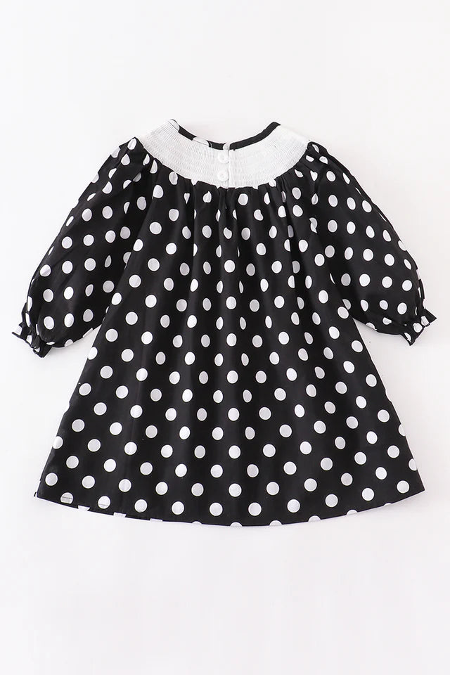 Black white Dot Snowman Smocked Dress
