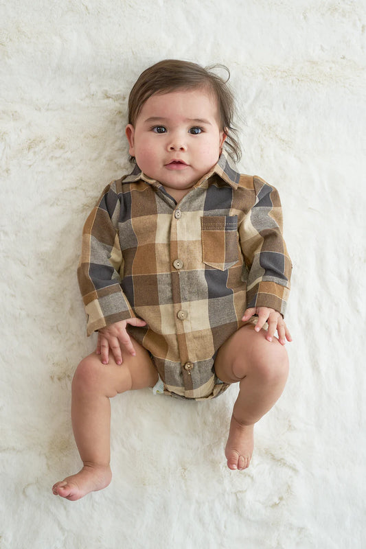 Brown Plaid Button Down Boys Onesie Shirt