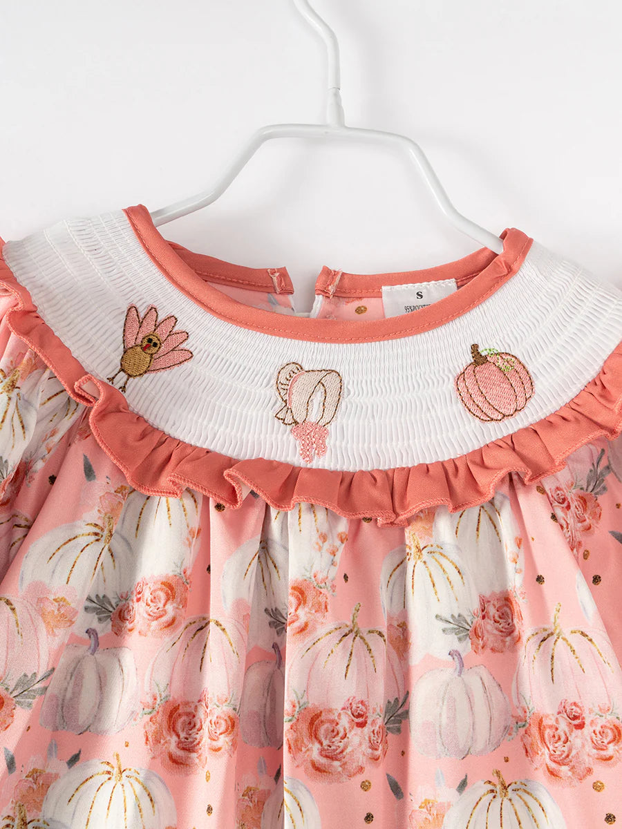 Coral And Pink Pumpkin and Turkey Smocked Dress