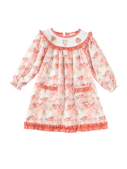 Coral And Pink Pumpkin and Turkey Smocked Dress