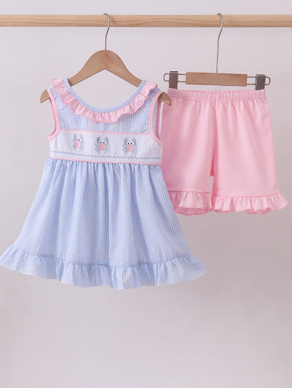 BLUE CRAB EMBROIDERY SEERSUCKER RUFFLE SHORTS SET