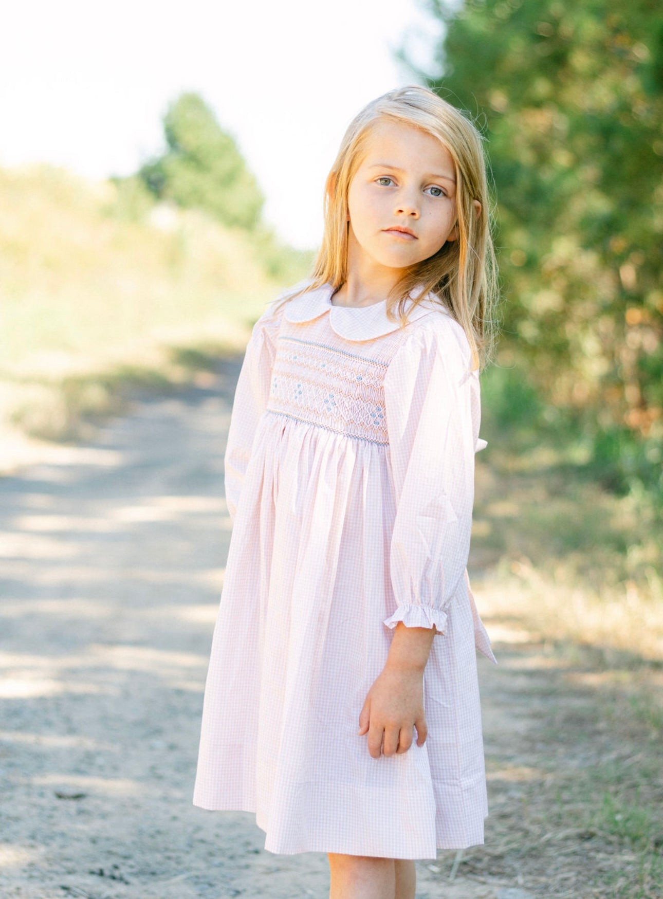 Long Sleeve Khaki with Blue Smocking Dress