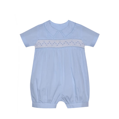 Finley Boy Romper-Blue w/ Blue Smocked