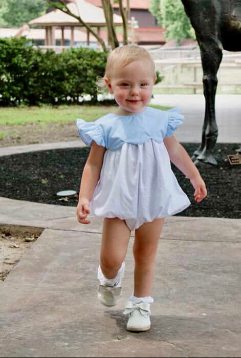 Plain Bubble Blue Neck And Dots On White with Bow Back