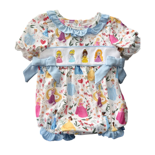 BLUE CHARACTER EMBROIDERY BOW RUFFLE BUBBLE