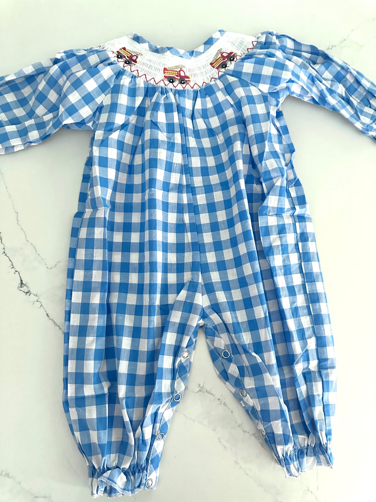 Girls Blue Gingham Firetruck Romper