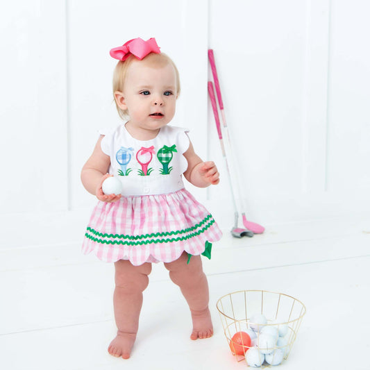 birthday girls reversible golf bubble outfit with pink bows and scalloped hem