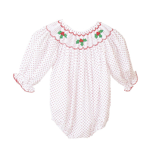 Red christmas bishop hand smocked dot bubble