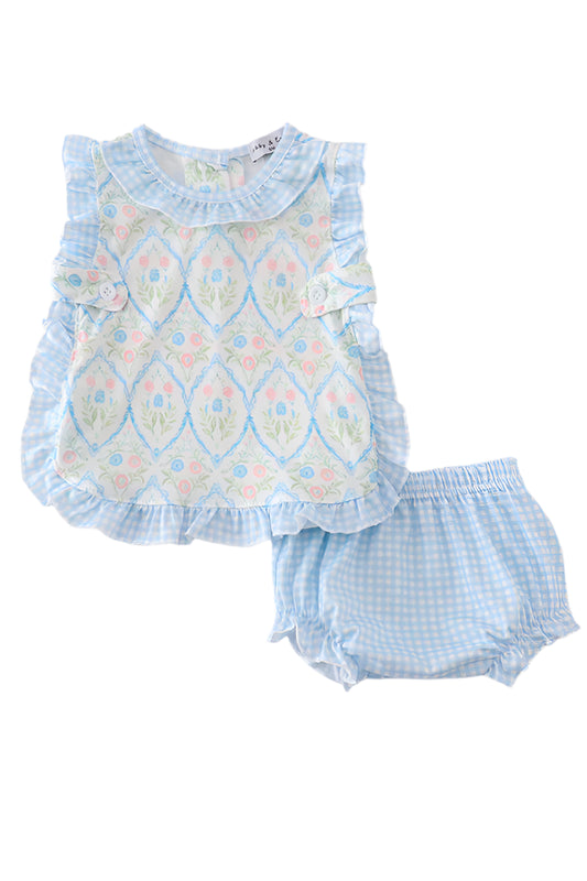 Blue floral ruffle apron and bloomer set