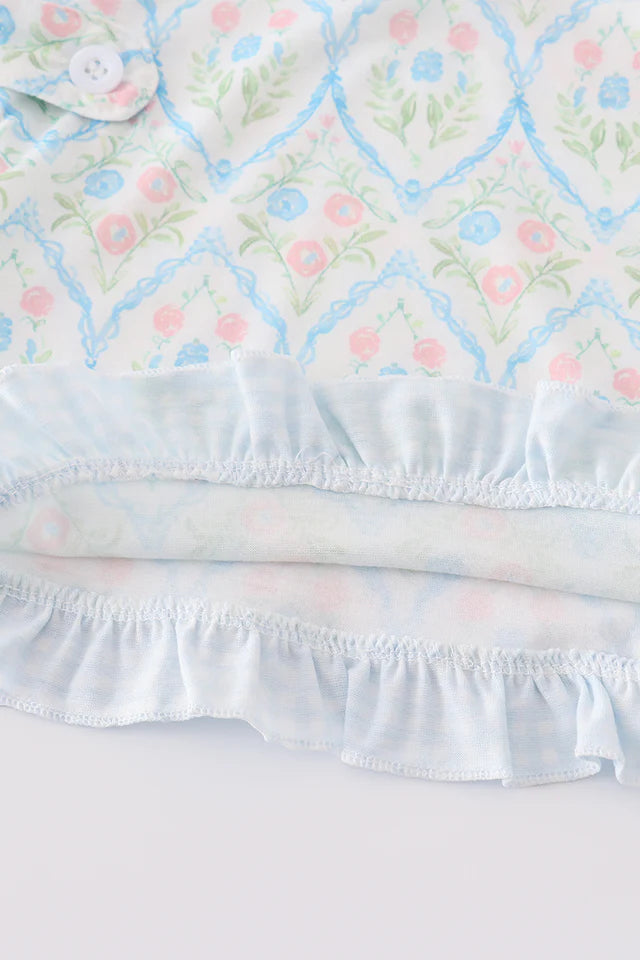 Blue floral ruffle apron and bloomer set