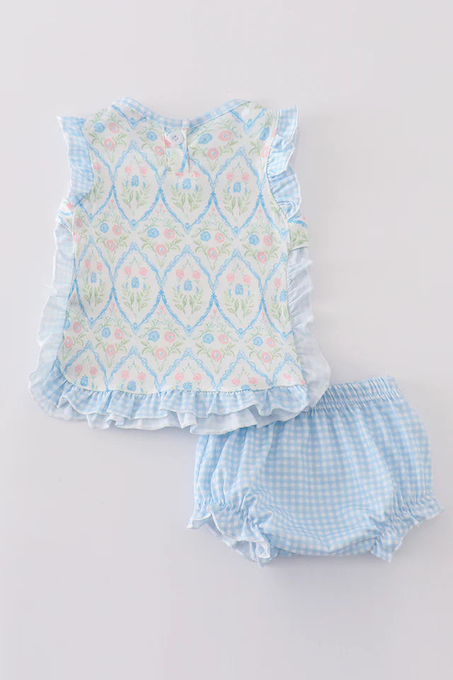Blue floral ruffle apron and bloomer set