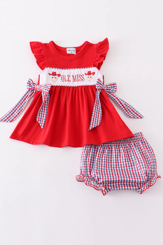Red OLE MISS embroidery bloomer set with bows
