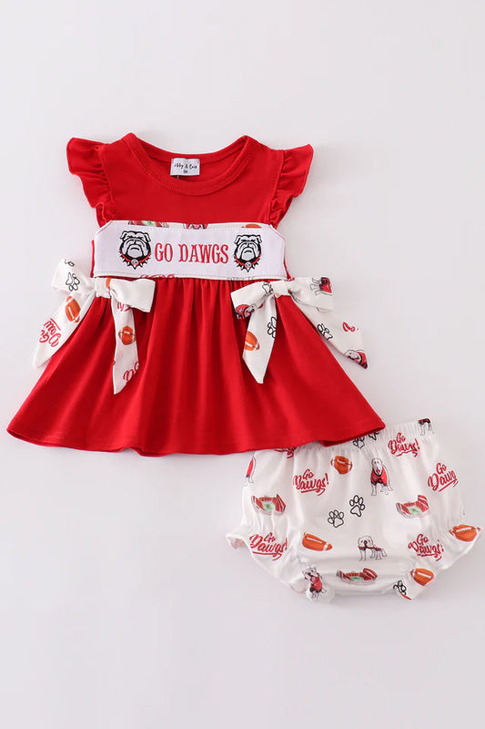 Red go dawgs embroidery bloomer game day print set