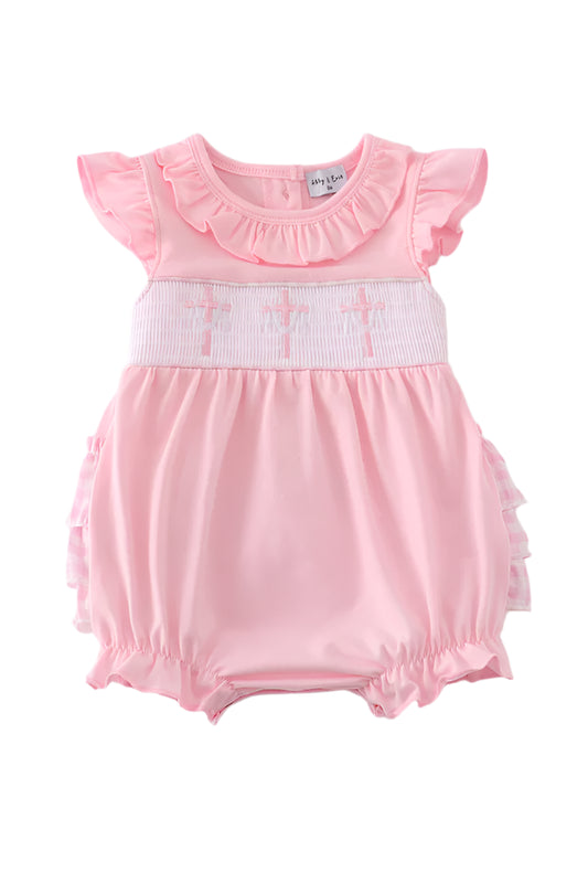 PINK EASTER CROSS EMBROIDERY SMOCKED GIRL BUBBLE