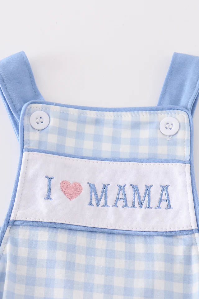 BLUE I LOVE MAMA EMBROIDERY GINGHAM BOY BUBBLE