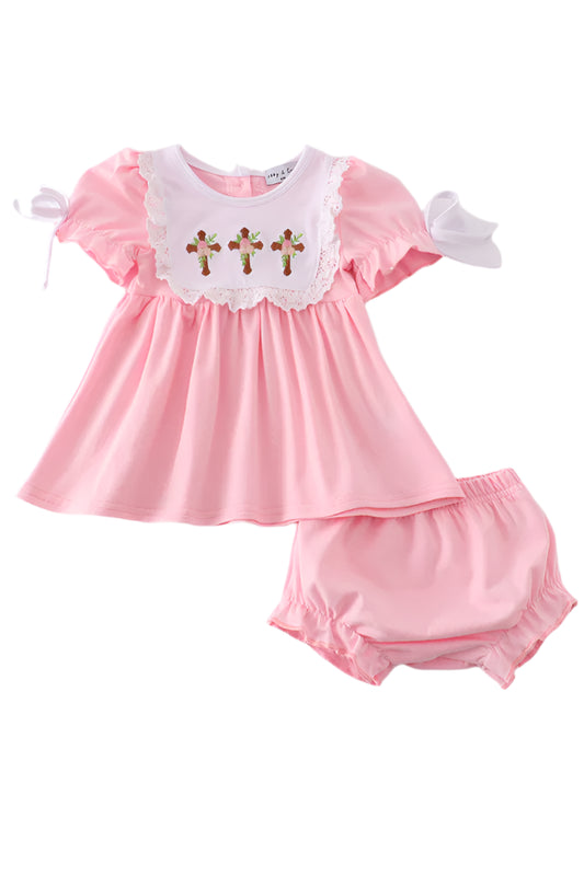 PINK EASTER CROSS EMBROIDERY GIRL BLOOMER SET