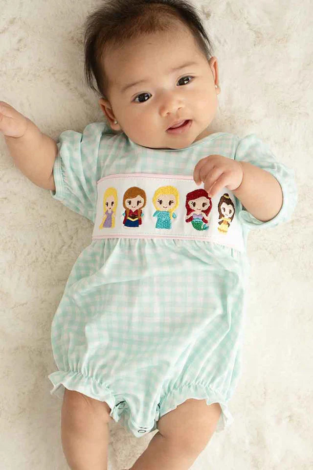 BLUE PRINCESS EMBROIDERY GIRL GINGHAM BUBBLE