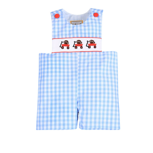 Hand Smocked  football  boy blue check shortall
