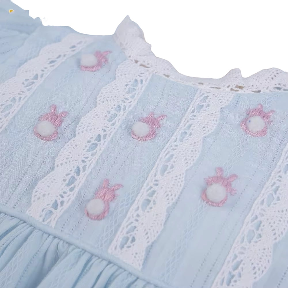 Embroidered rabbit light blue linen girl dress