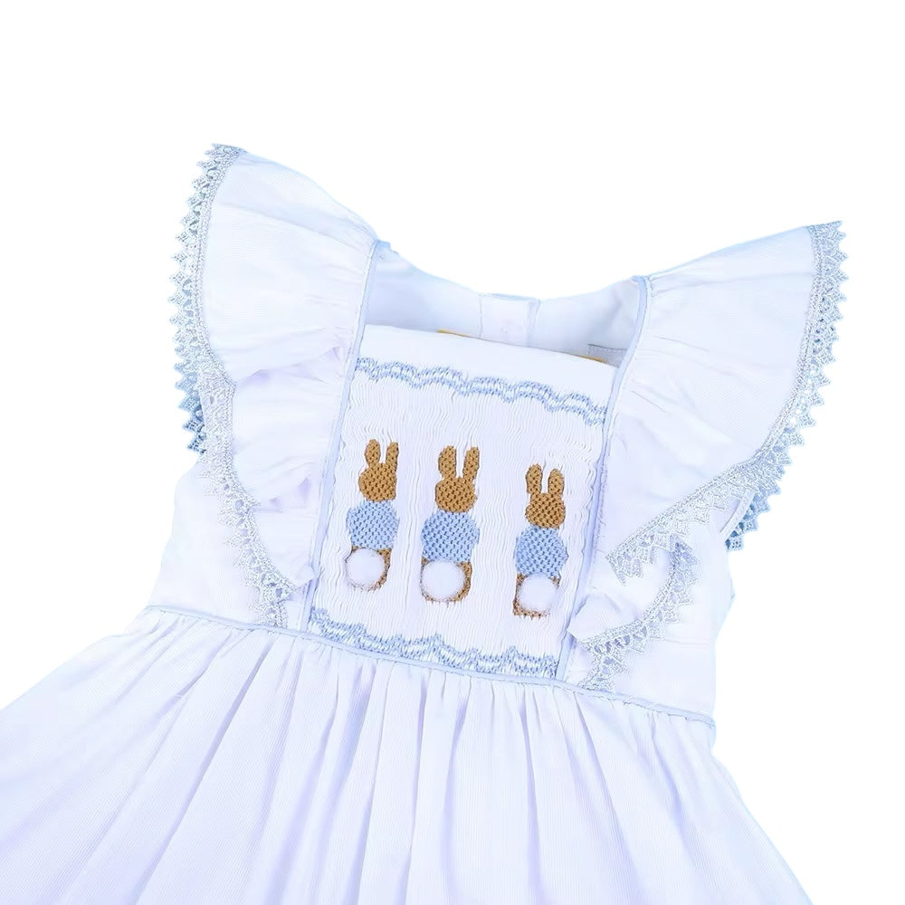 White Handscmocked Ruffle Bunny Dress