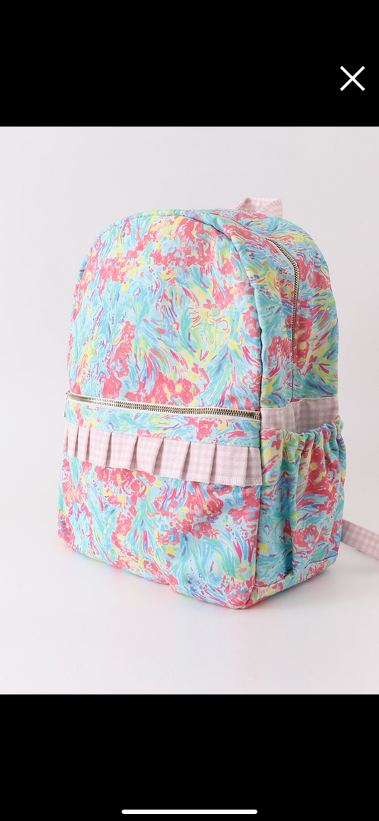 PINK FLORAL RUFFLE BACKPACK