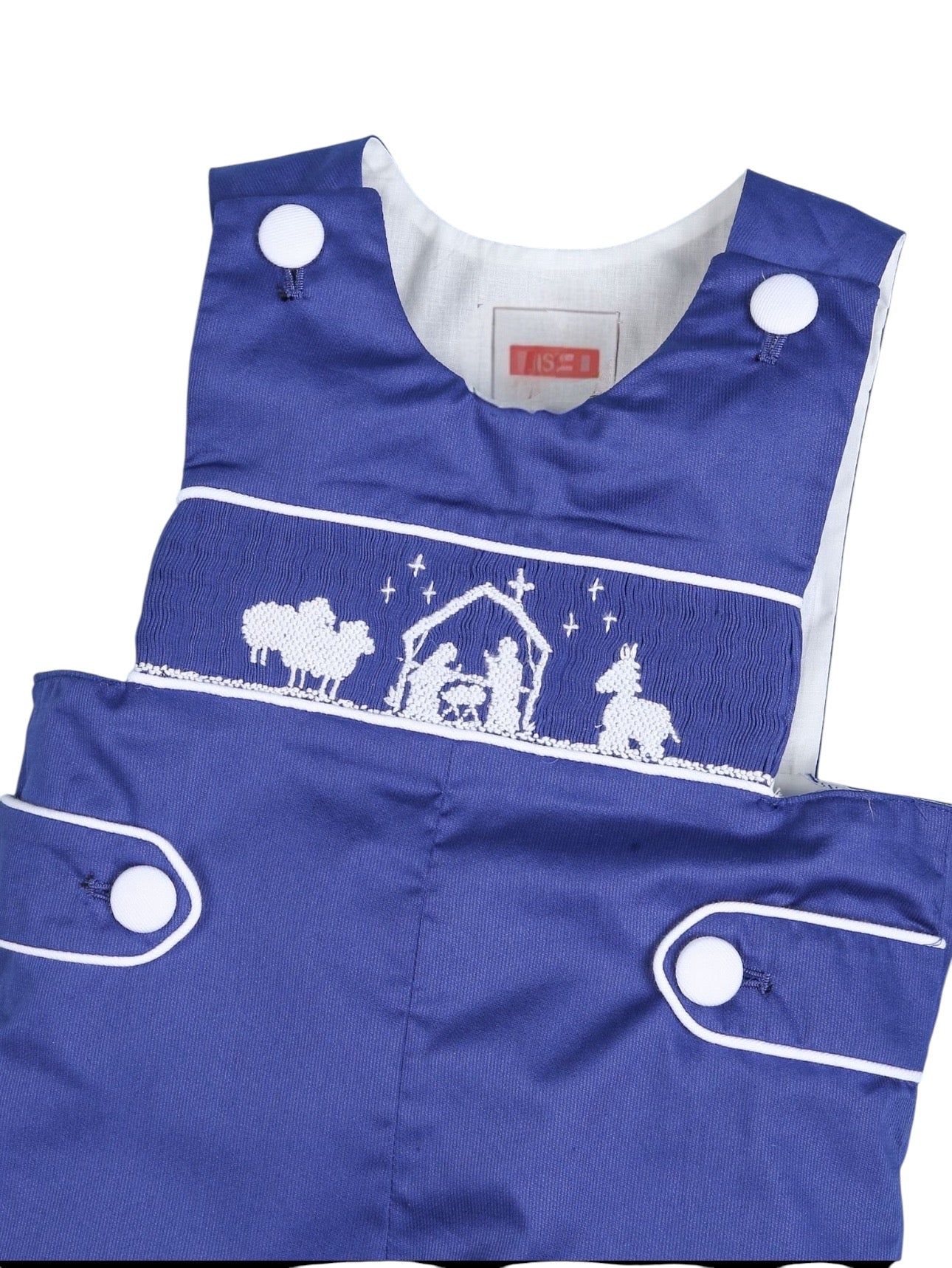 Nativity scene hand  smocked navy plain longall