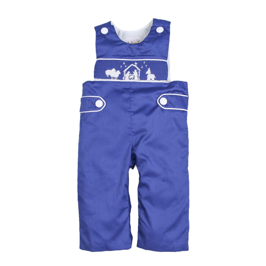 Nativity scene hand  smocked navy plain longall