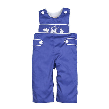 Nativity scene hand  smocked navy plain longall