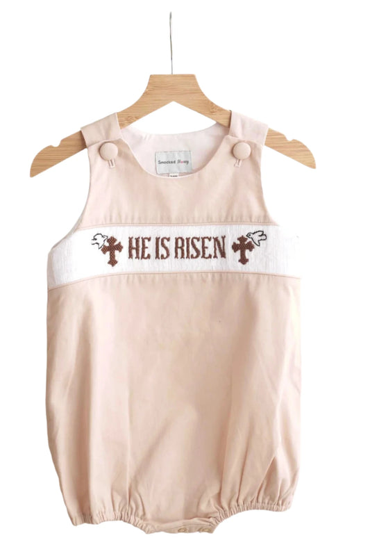 KHAKI HE IS RISEN HAND-SMOCKED BOY BUBBLE