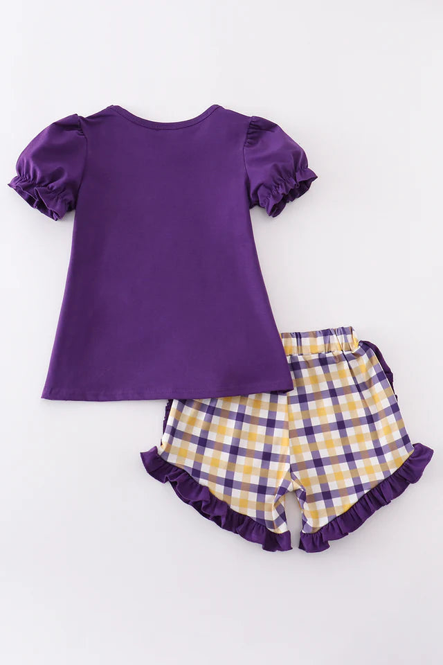 Purple gold LSU applique short set