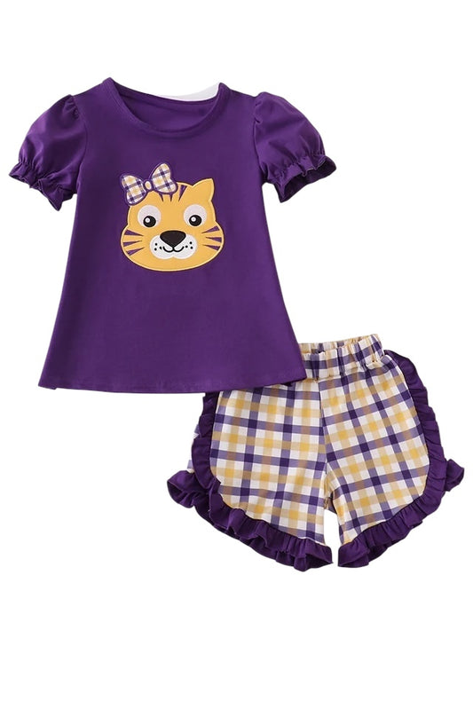 Purple gold LSU applique short set