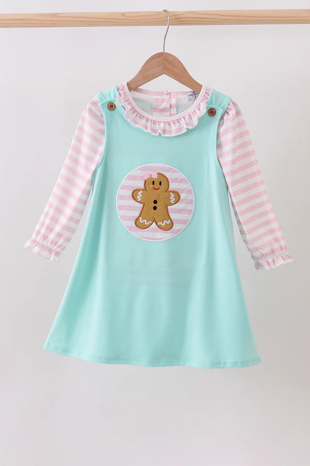 BLUE GINGERBREAD APPLIQUE RUFFLE DRESS