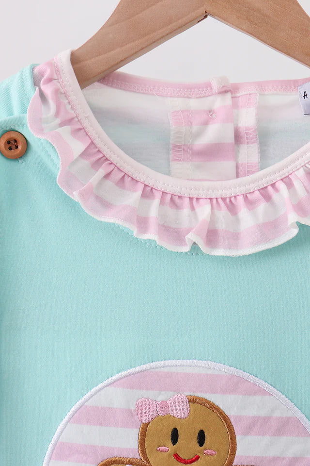 BLUE GINGERBREAD APPLIQUE RUFFLE DRESS