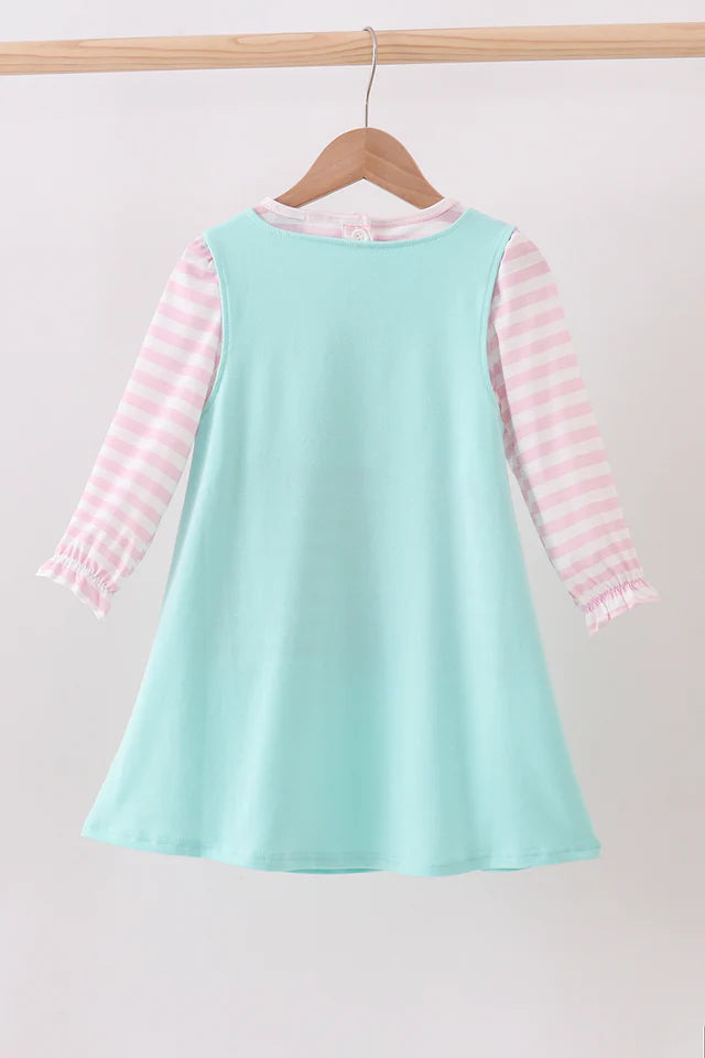 BLUE GINGERBREAD APPLIQUE RUFFLE DRESS