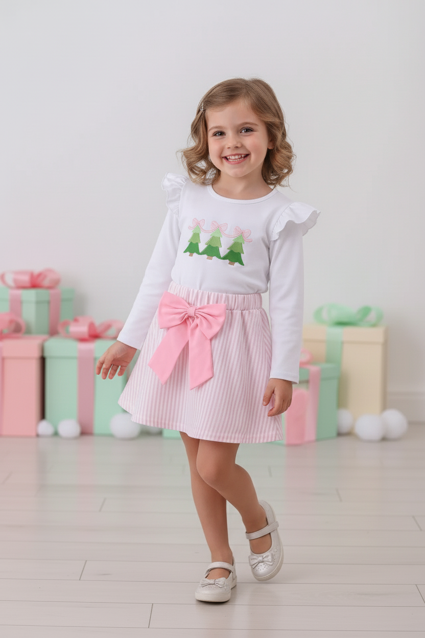 PINK CHRISTMAS TREE EMBROIDERY SKORTS SET