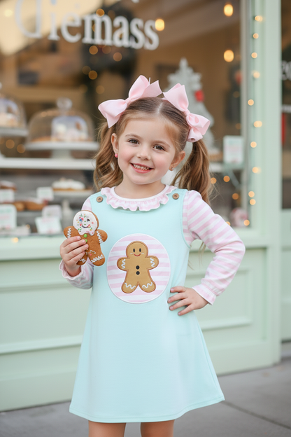 BLUE GINGERBREAD APPLIQUE RUFFLE DRESS