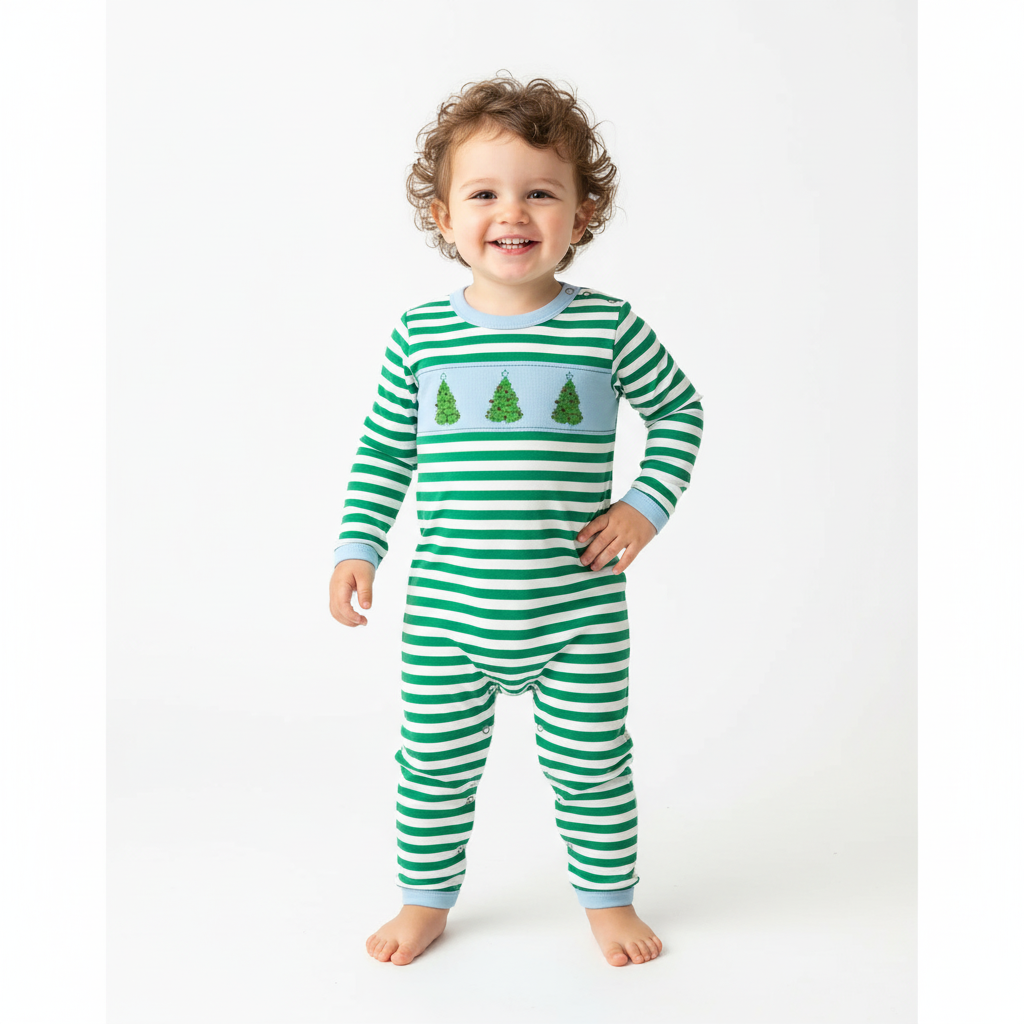 GREEN CHRISTMAS TREE SMOCKED STRIPE ROMPER
