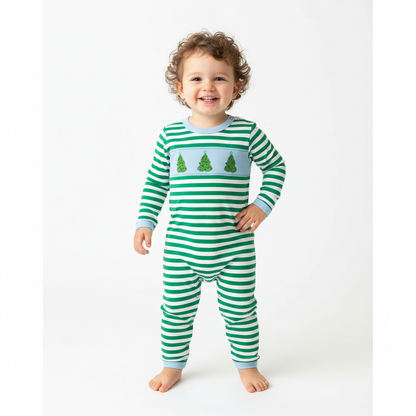 GREEN CHRISTMAS TREE SMOCKED STRIPE ROMPER