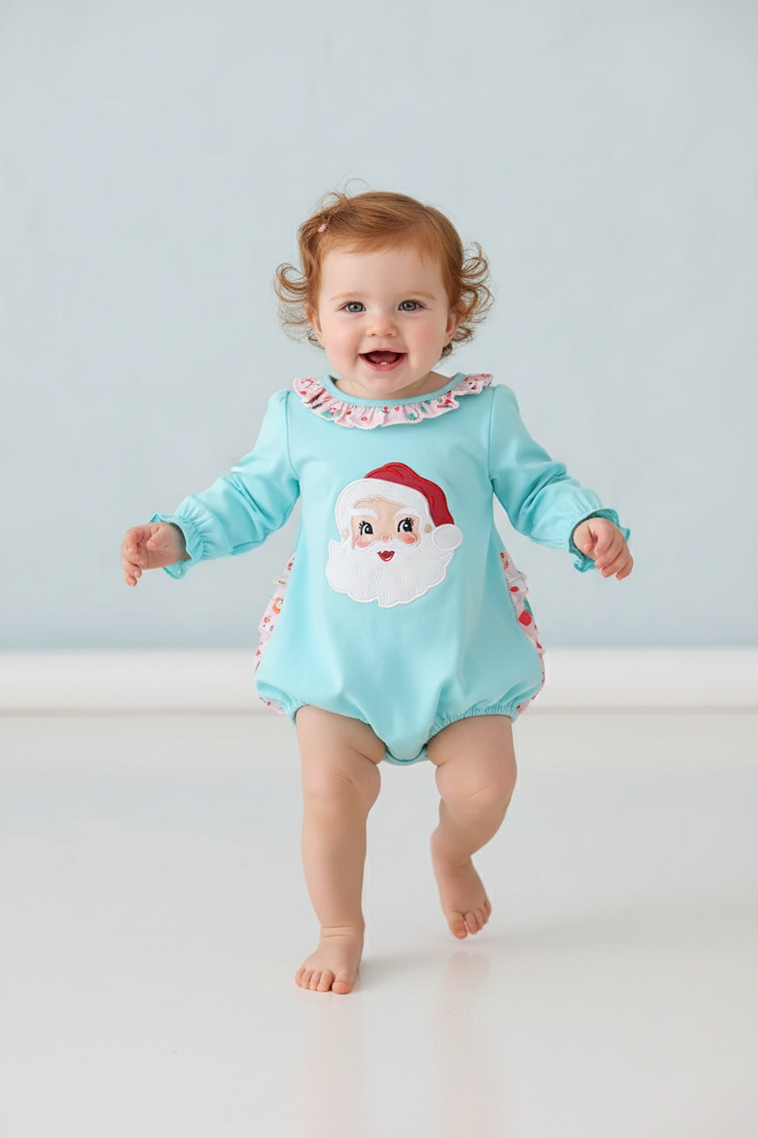 BLUE CHRISTMAS SANTA CLAUS APPLIQUE RUFFLE BUBBLE