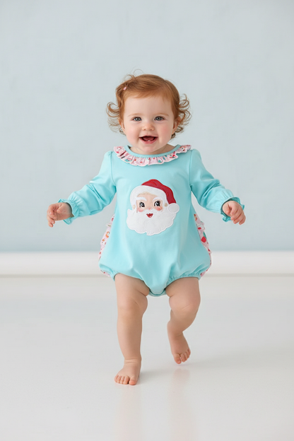 BLUE CHRISTMAS SANTA CLAUS APPLIQUE RUFFLE BUBBLE