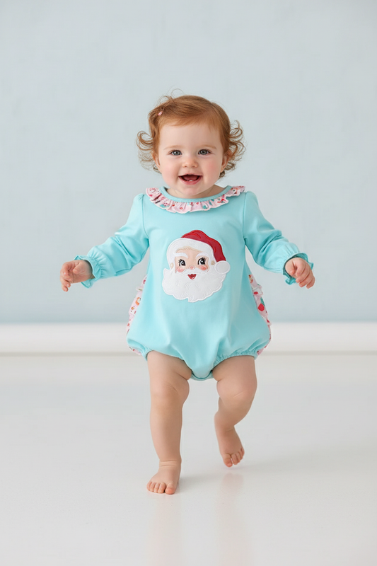 BLUE CHRISTMAS SANTA CLAUS APPLIQUE RUFFLE BUBBLE