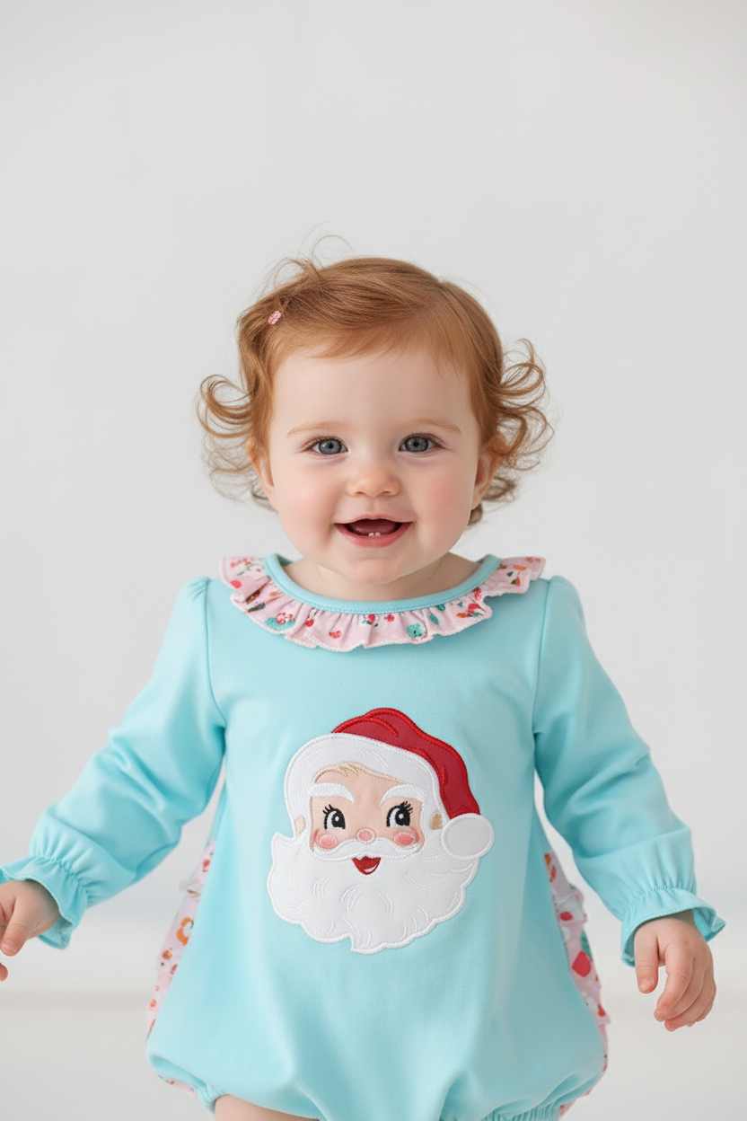 BLUE CHRISTMAS SANTA CLAUS APPLIQUE RUFFLE BUBBLE